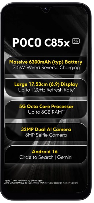 POCO C85x / REDMI 17 5G / REDMI 15A 5G / REDMI A7 Pro 5G India